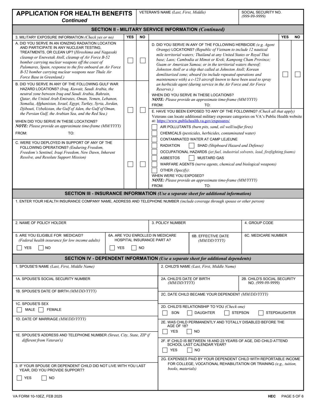 VA Form 10-10EZ (2025) Instructions and Enrollment Application for Health Benefits — page 5 of 6