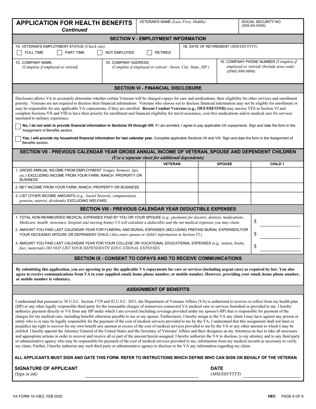 VA Form 10-10EZ (2025) Instructions and Enrollment Application for Health Benefits — page 6 of 6