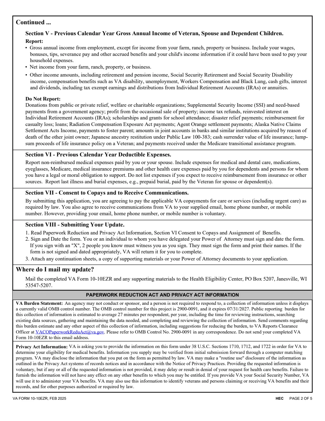 VA Form 10-10EZR (2025) Health Benefits Update Form — page 2 of 5