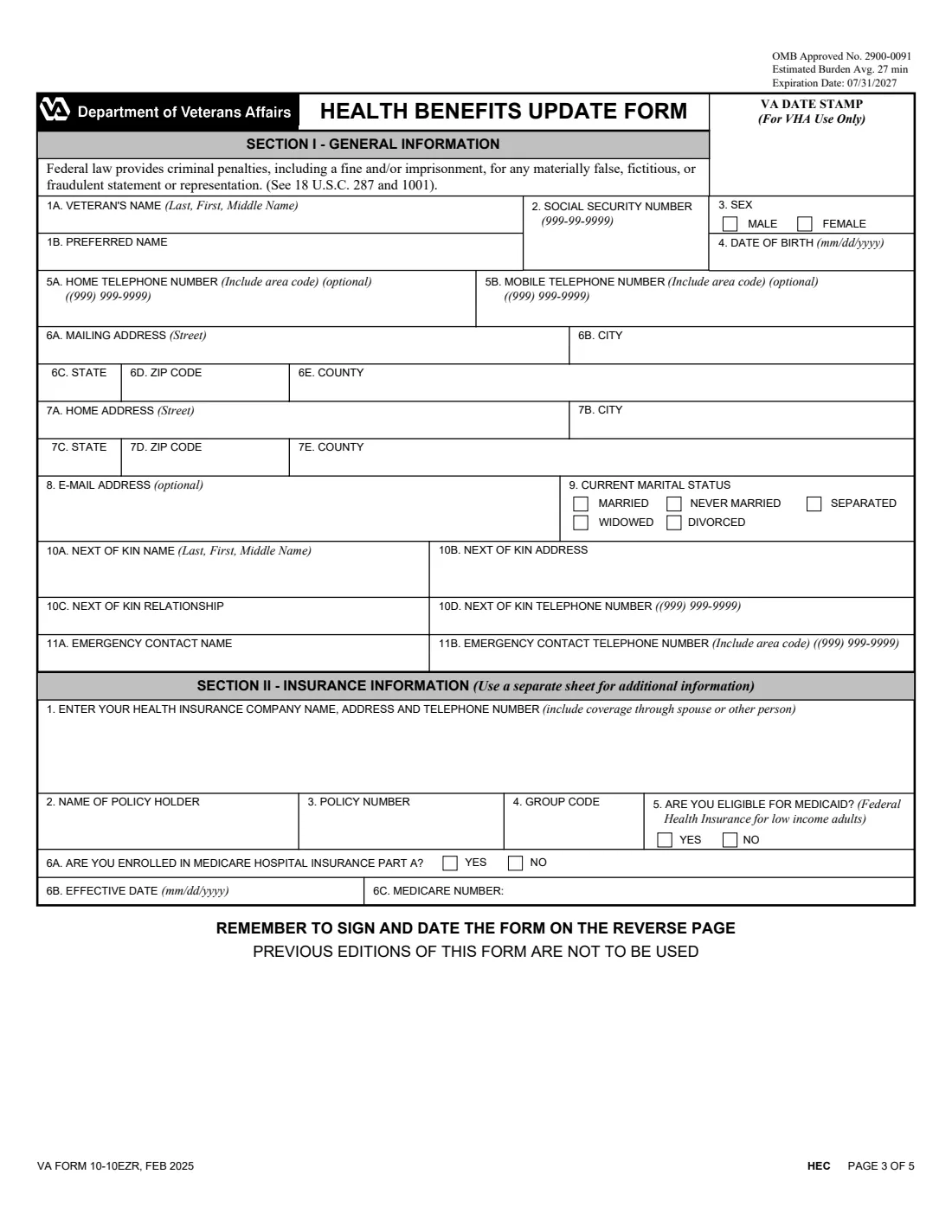 VA Form 10-10EZR (2025) Health Benefits Update Form — page 3 of 5