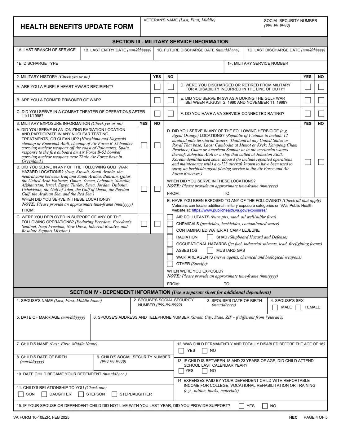 VA Form 10-10EZR (2025) Health Benefits Update Form — page 4 of 5