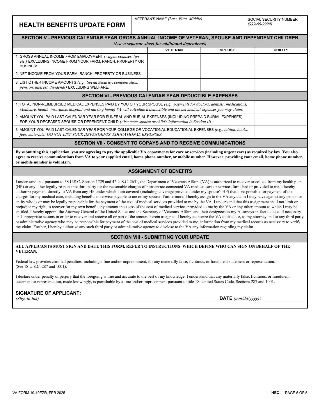 VA Form 10-10EZR (2025) Health Benefits Update Form — page 5 of 5