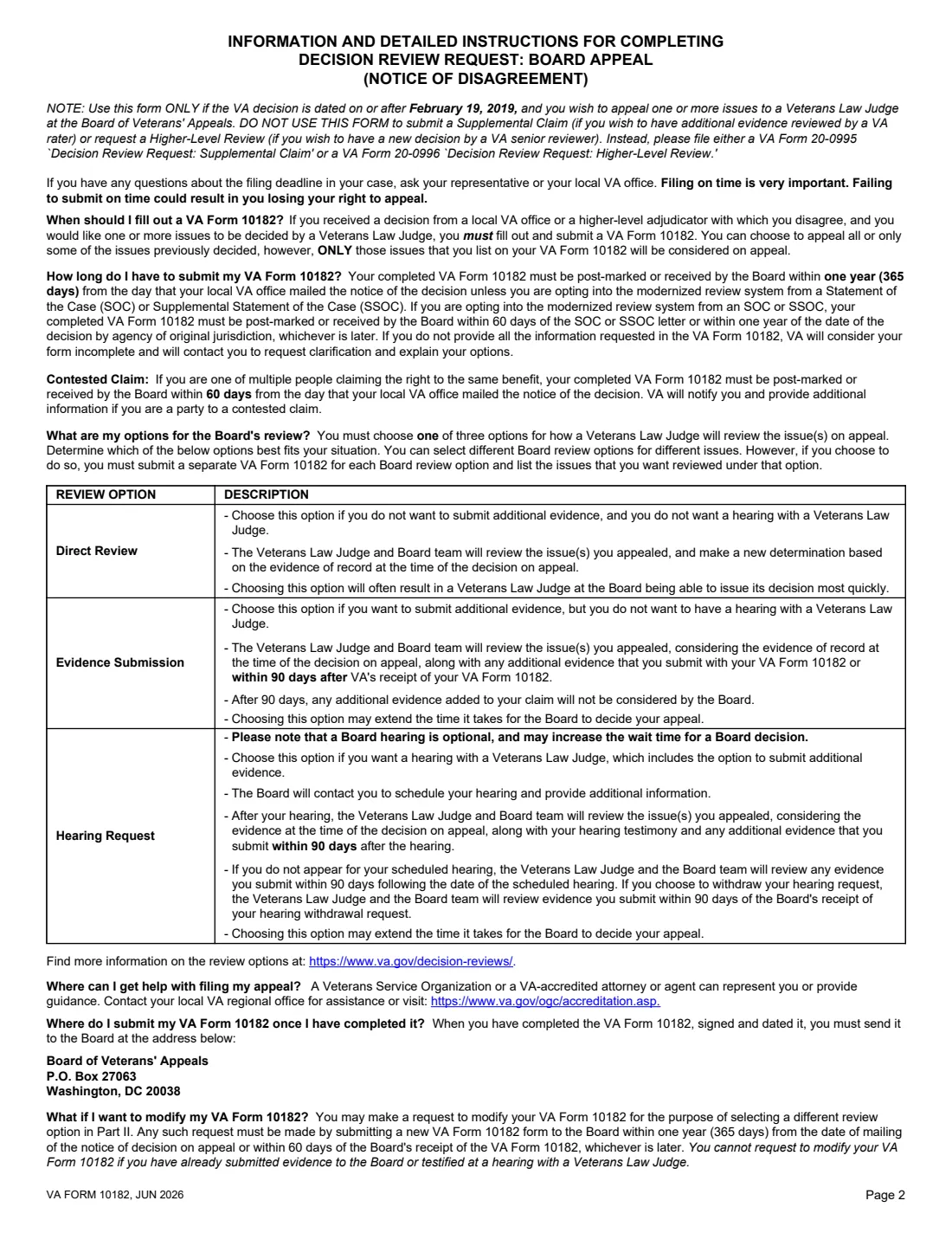 VA Form 10182 (2026) Decision Review Request: Board Appeal (Notice of Disagreement) — page 2 of 3