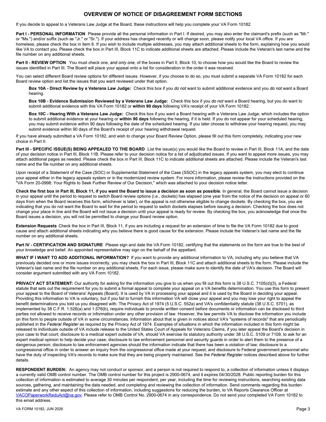 VA Form 10182 (2026) Decision Review Request: Board Appeal (Notice of Disagreement) — page 3 of 3