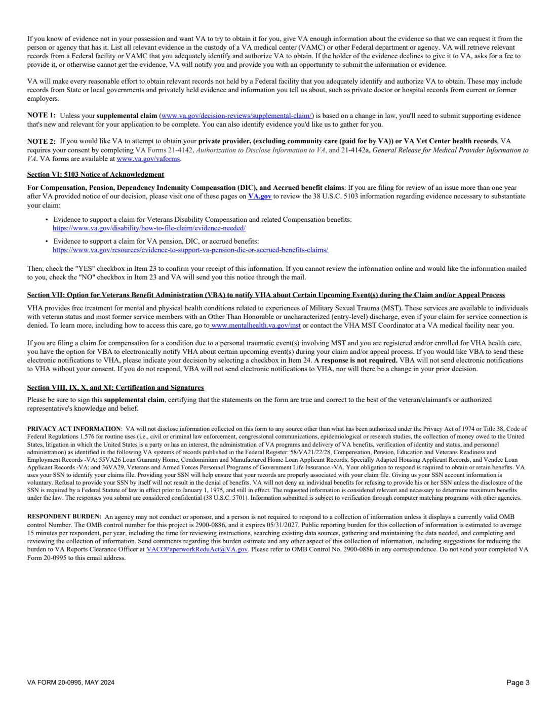 VA Form 20-0995 (2024) Decision Review Request: Supplemental Claim — page 3 of 7