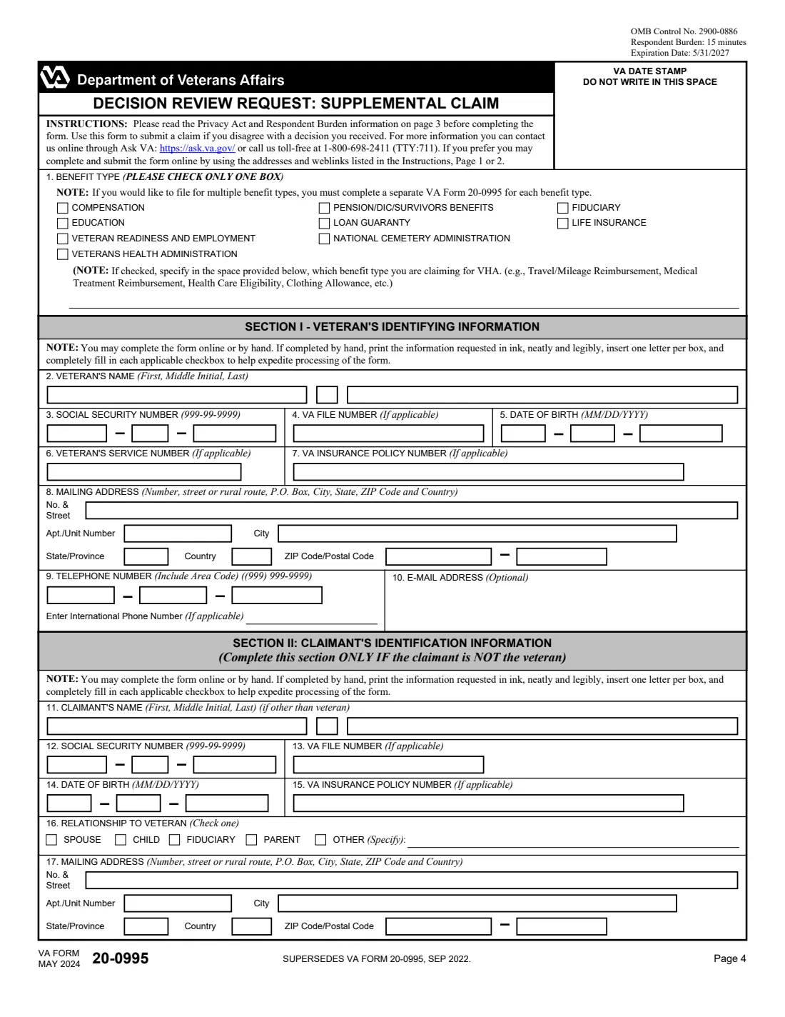 VA Form 20-0995 (2024) Decision Review Request: Supplemental Claim — page 4 of 7