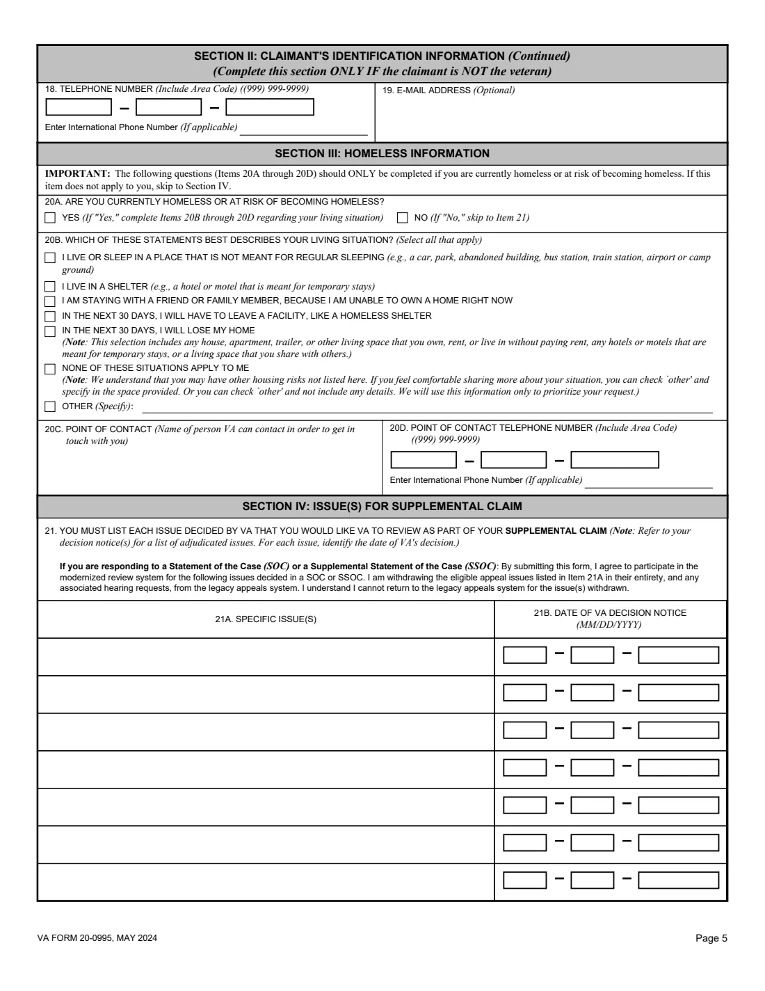 VA Form 20-0995 (2024) Decision Review Request: Supplemental Claim — page 5 of 7