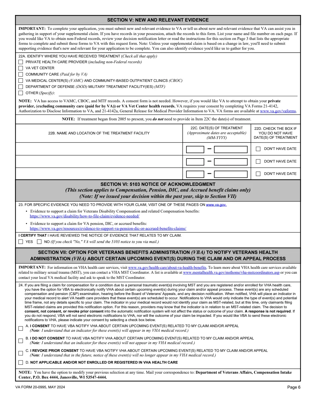 VA Form 20-0995 (2024) Decision Review Request: Supplemental Claim — page 6 of 7
