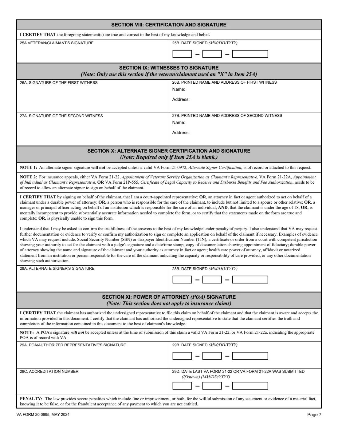 VA Form 20-0995 (2024) Decision Review Request: Supplemental Claim — page 7 of 7