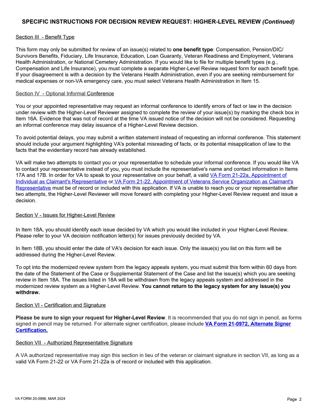 VA Form 20-0996 (2024) Decision Review Request: Higher-Level Review — page 2 of 5