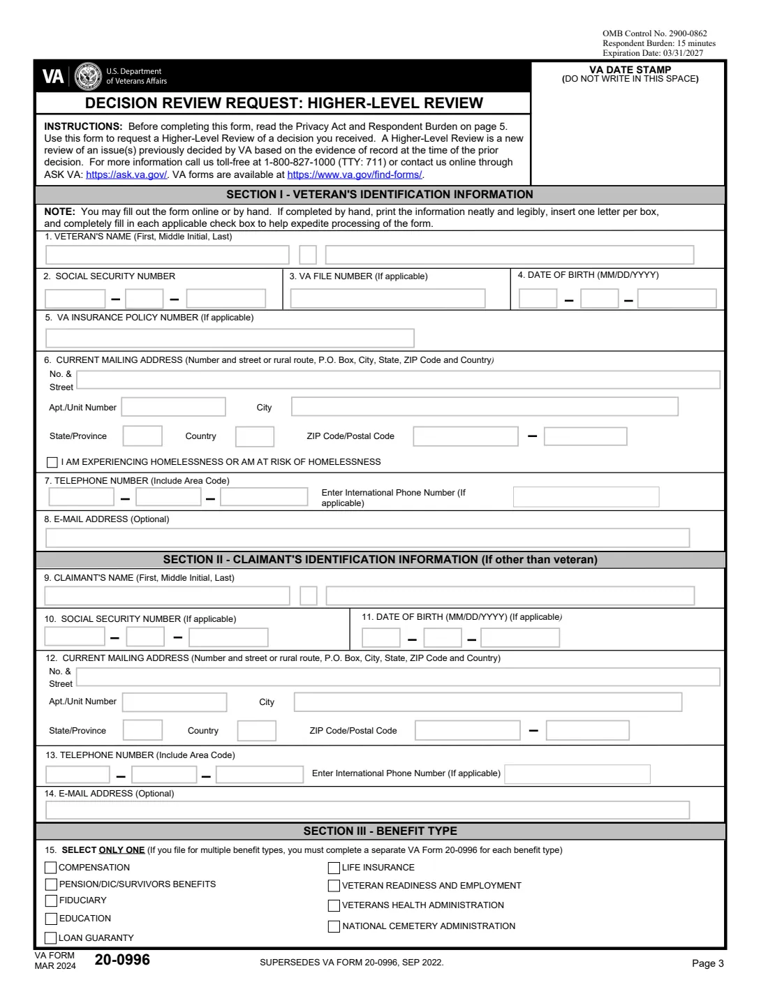 VA Form 20-0996 (2024) Decision Review Request: Higher-Level Review — page 3 of 5