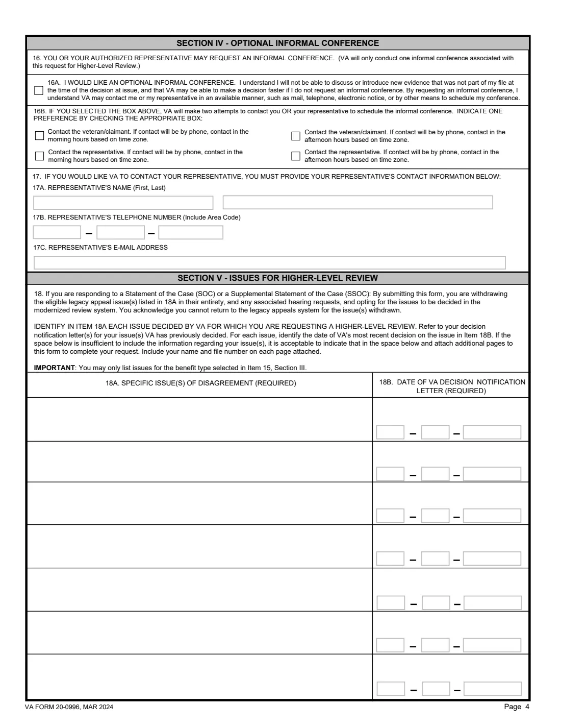 VA Form 20-0996 (2024) Decision Review Request: Higher-Level Review — page 4 of 5