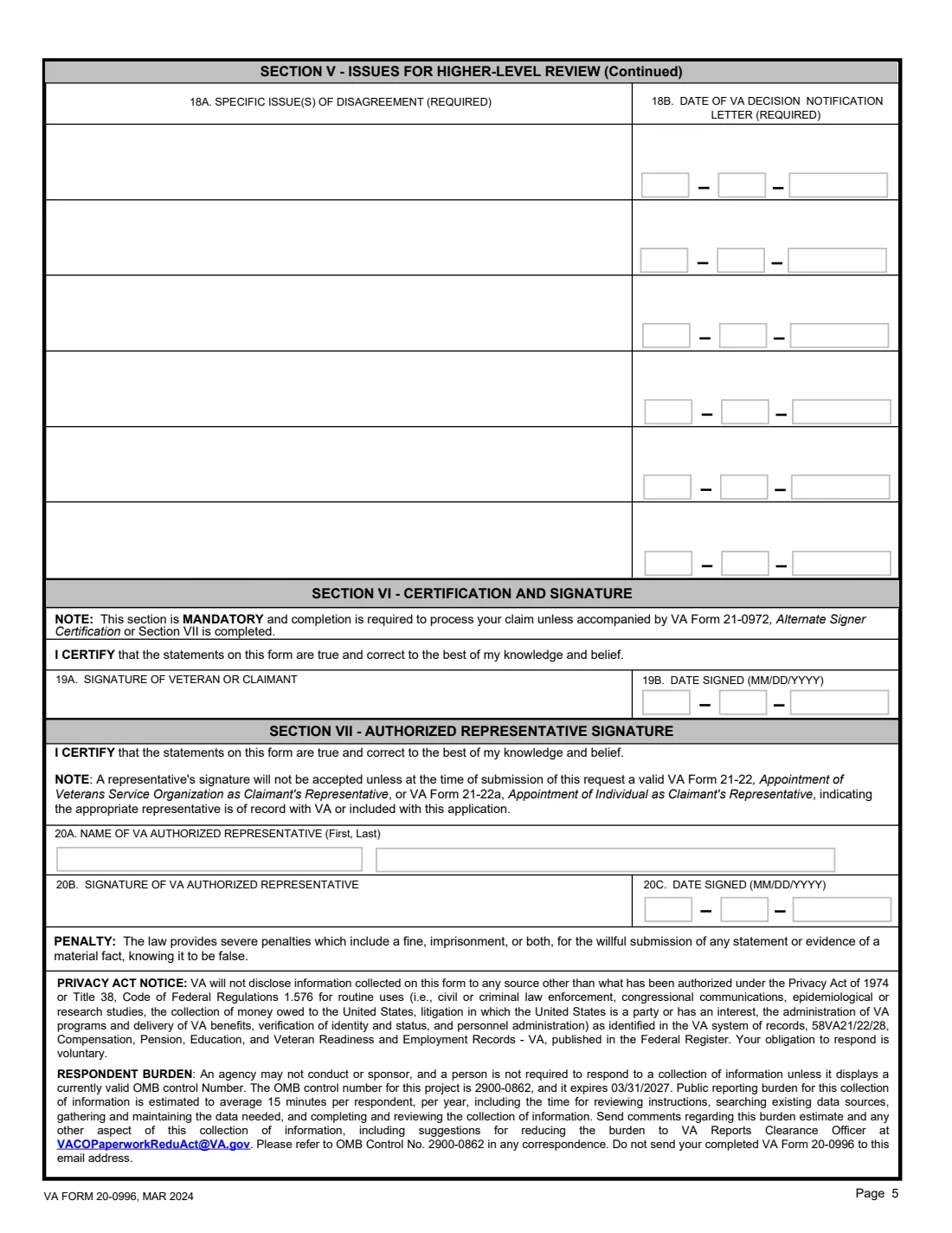 VA Form 20-0996 (2024) Decision Review Request: Higher-Level Review — page 5 of 5