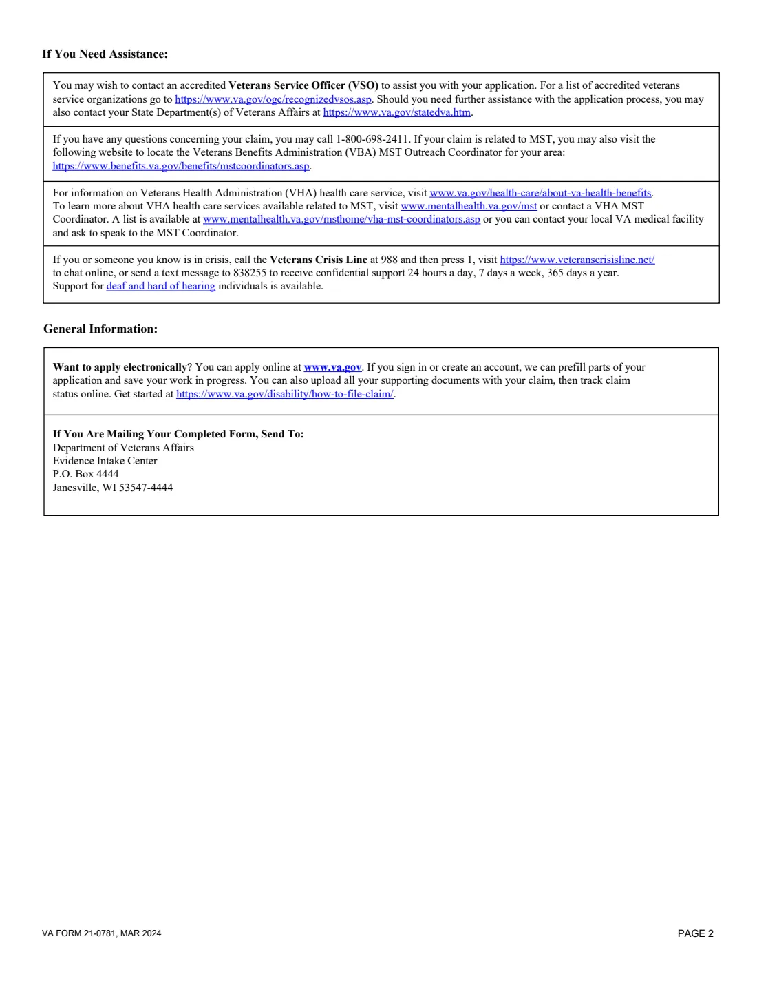 VA Form 21-0781 (2024) Statement in Support of Claimed Mental Health Disorder(s) Due to an In-Service Traumatic Event(s) — page 2 of 7