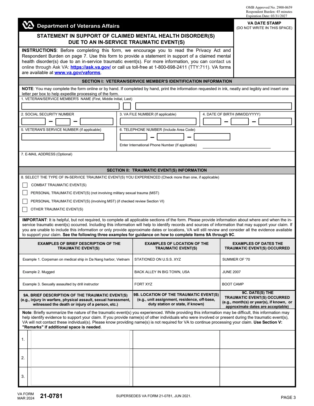 VA Form 21-0781 (2024) Statement in Support of Claimed Mental Health Disorder(s) Due to an In-Service Traumatic Event(s) — page 3 of 7