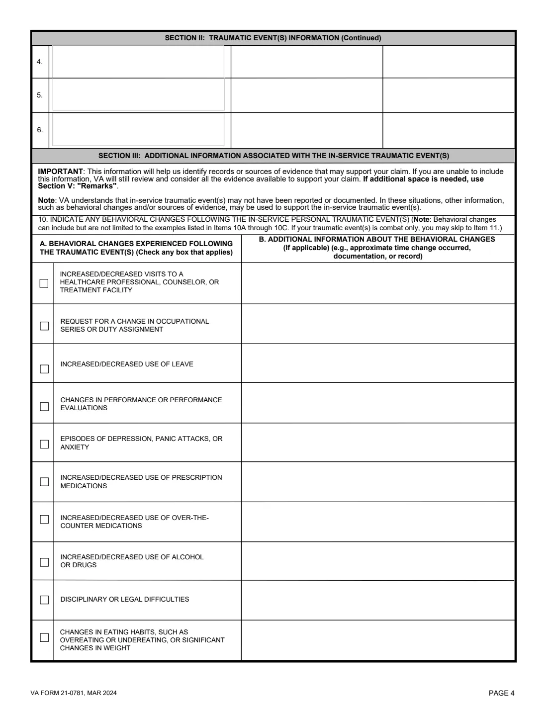 VA Form 21-0781 (2024) Statement in Support of Claimed Mental Health Disorder(s) Due to an In-Service Traumatic Event(s) — page 4 of 7