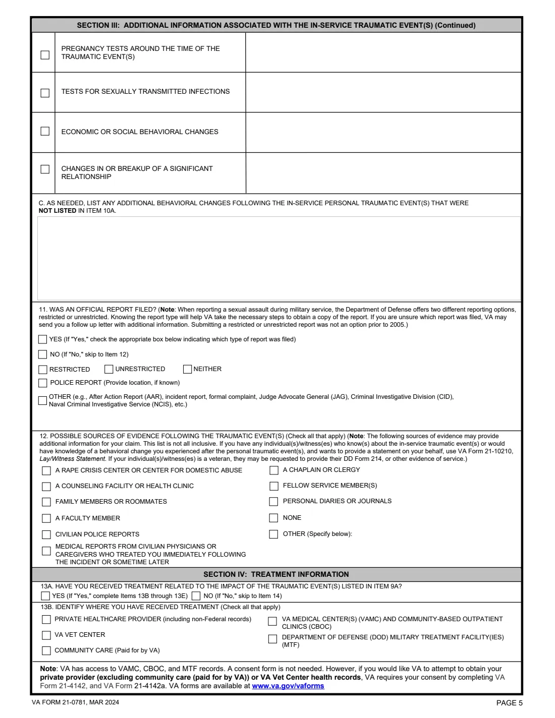 VA Form 21-0781 (2024) Statement in Support of Claimed Mental Health Disorder(s) Due to an In-Service Traumatic Event(s) — page 5 of 7