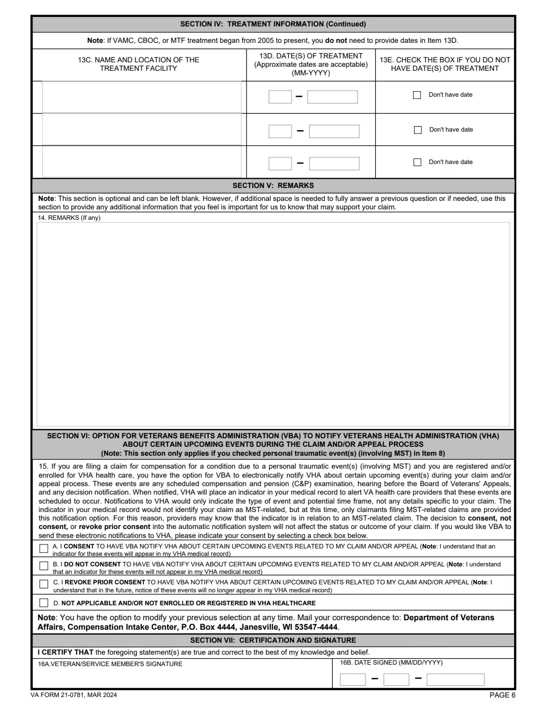 VA Form 21-0781 (2024) Statement in Support of Claimed Mental Health Disorder(s) Due to an In-Service Traumatic Event(s) — page 6 of 7