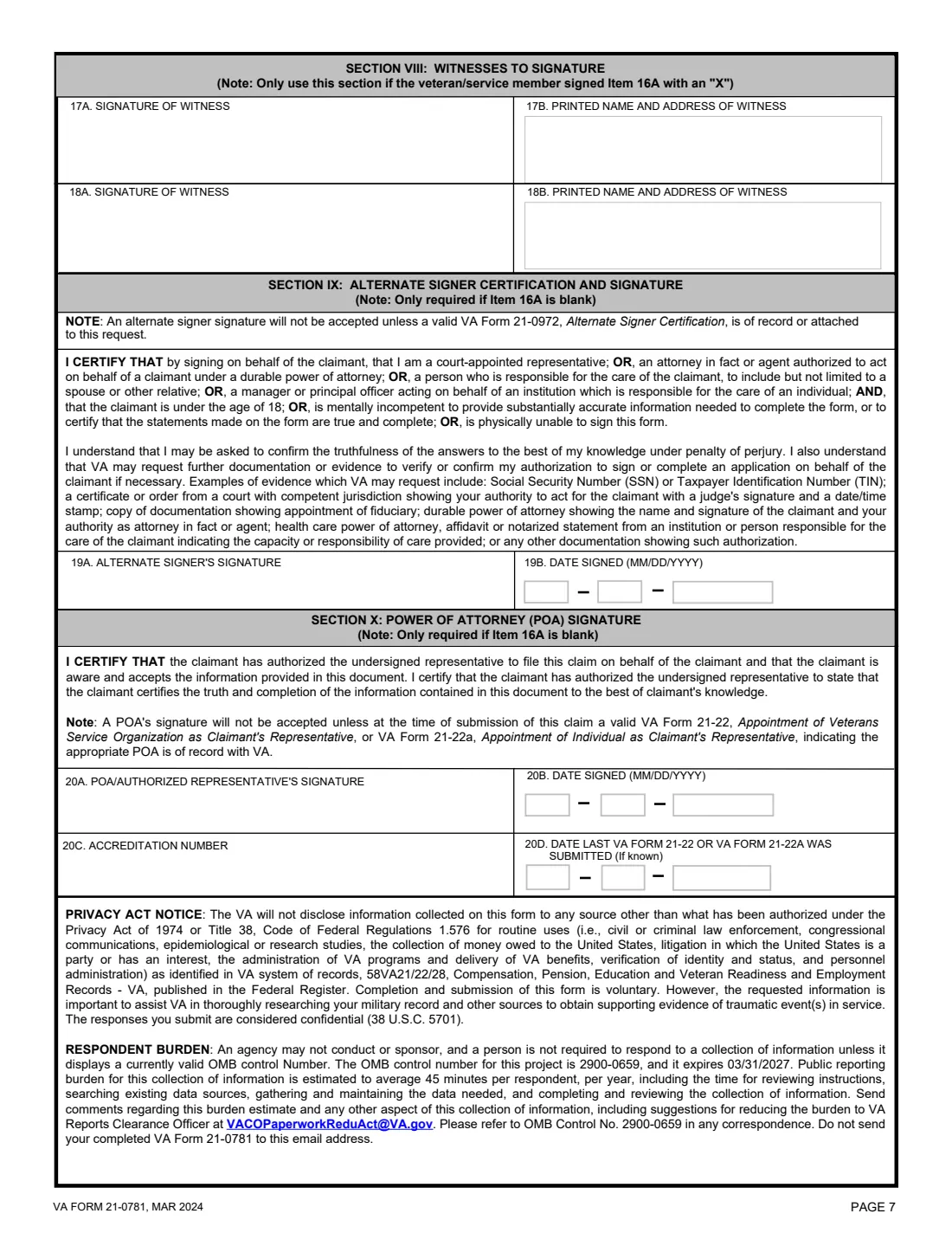VA Form 21-0781 (2024) Statement in Support of Claimed Mental Health Disorder(s) Due to an In-Service Traumatic Event(s) — page 7 of 7