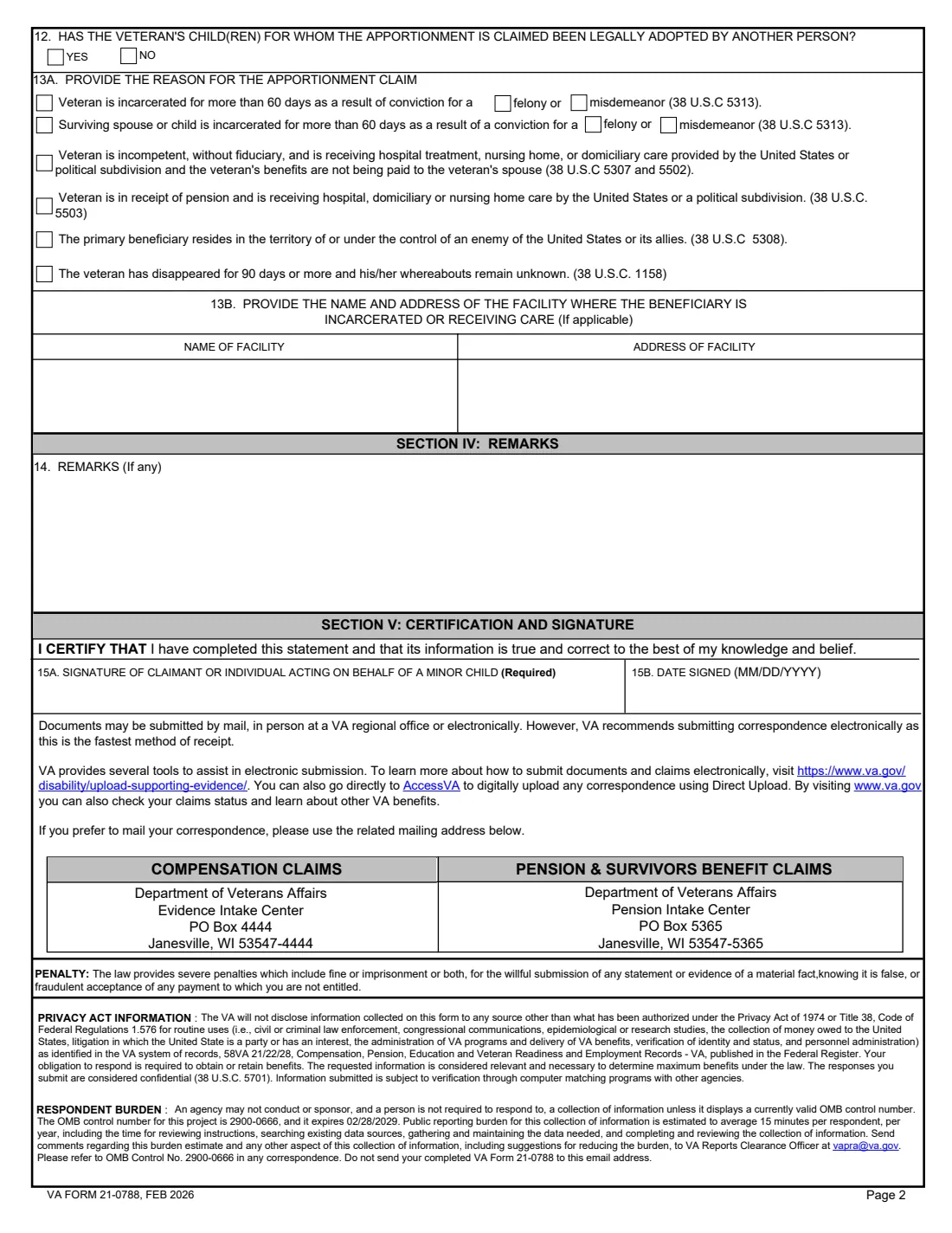 VA Form 21-0788 (2026) Information Regarding Apportionment of Beneficiary's Award — page 2 of 2