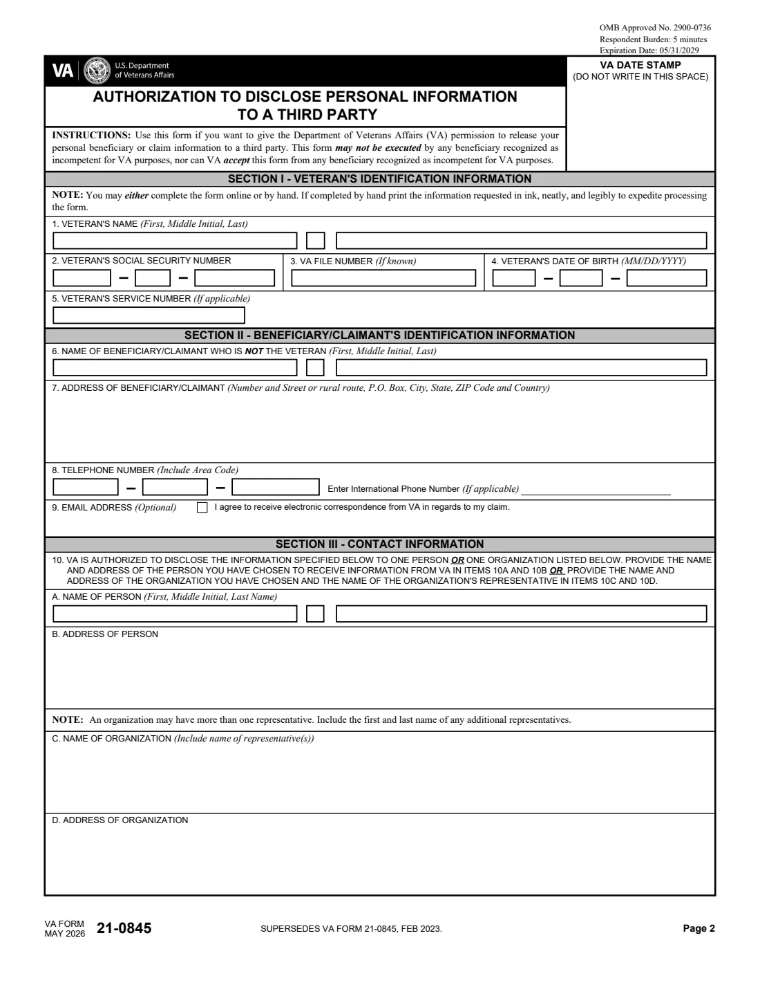 VA Form 21-0845 (2026) Authorization to Disclose Personal Information to a Third Party — page 2 of 3