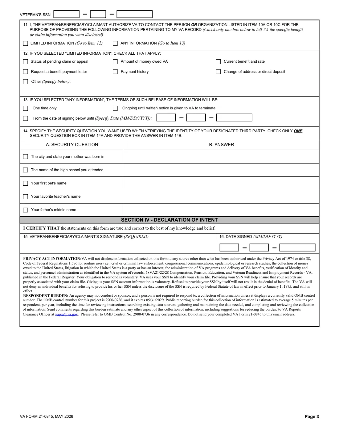 VA Form 21-0845 (2026) Authorization to Disclose Personal Information to a Third Party — page 3 of 3