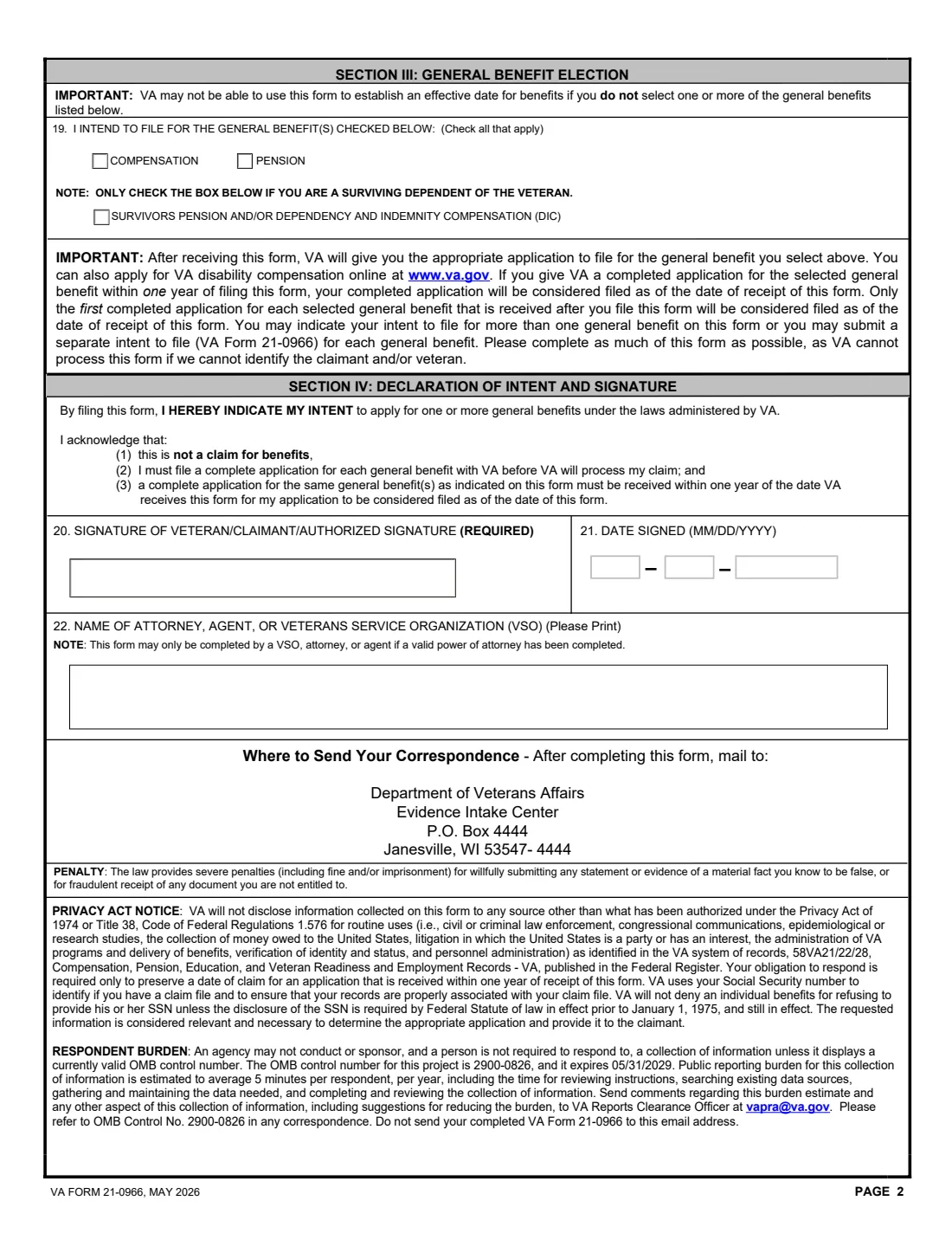 VA Form 21-0966 (2026) Intent to File a Claim for Compensation and/or Pension, or Survivors Pension and/or DIC — page 2 of 2