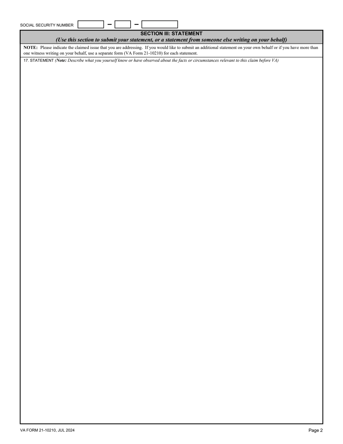 VA Form 21-10210 (2024) Lay/Witness Statement — page 2 of 3