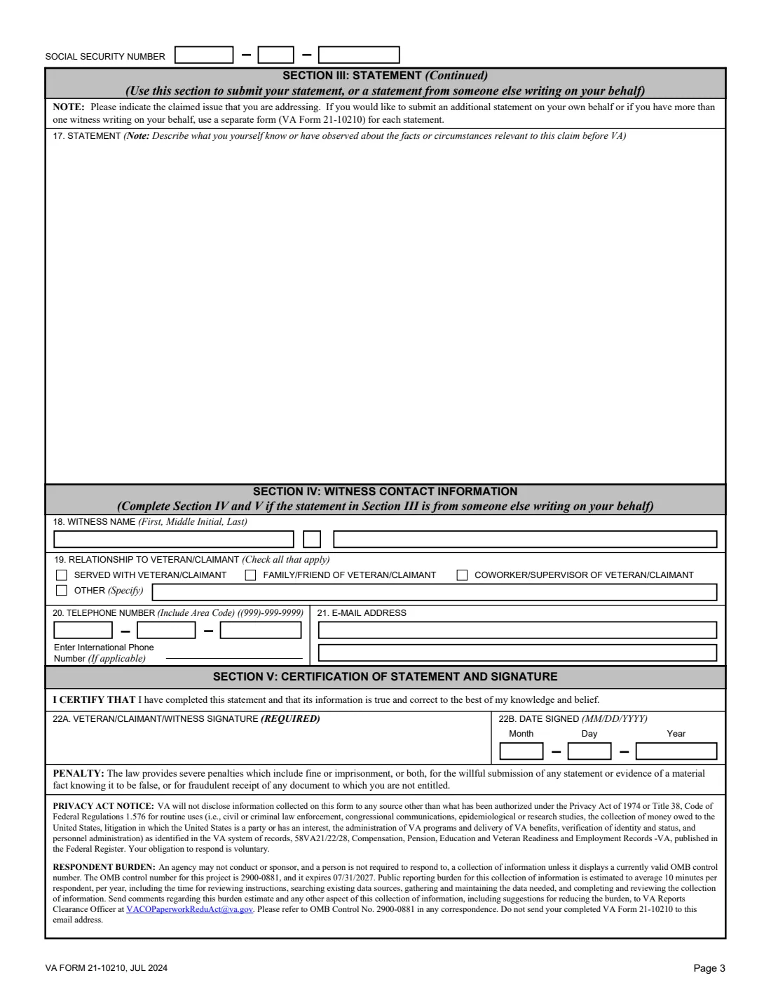 VA Form 21-10210 (2024) Lay/Witness Statement — page 3 of 3