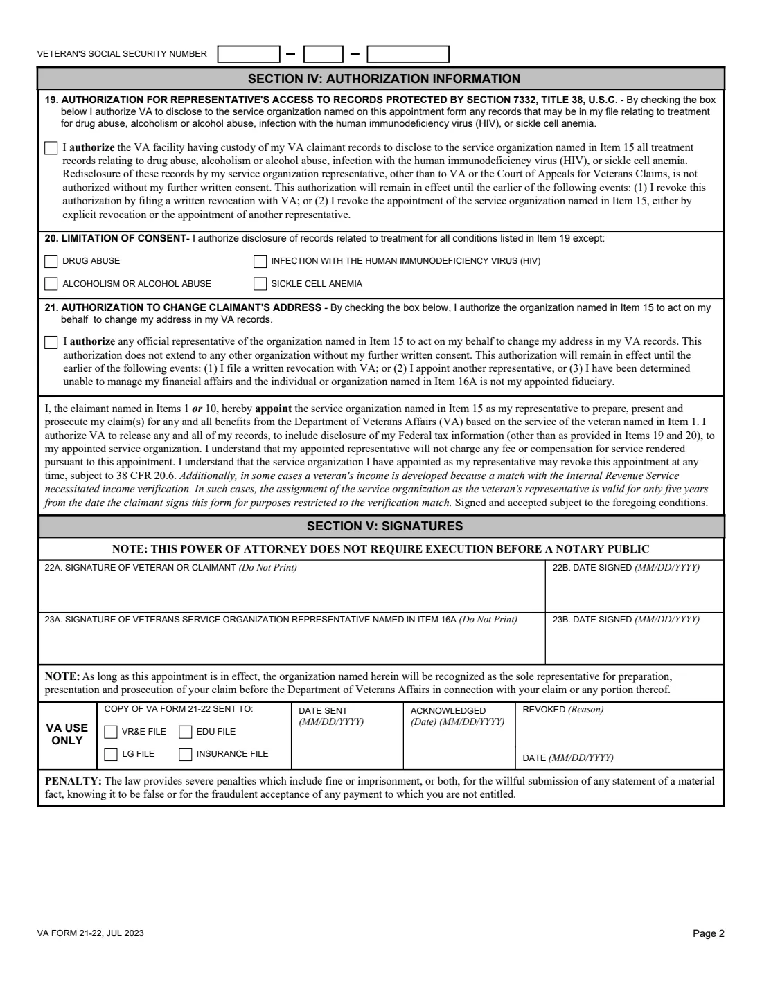 VA Form 21-22 (2023) Appointment of Veterans Service Organization as Claimant's Representative — page 2 of 4