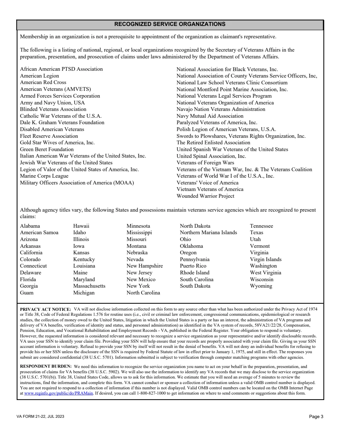 VA Form 21-22 (2023) Appointment of Veterans Service Organization as Claimant's Representative — page 3 of 4
