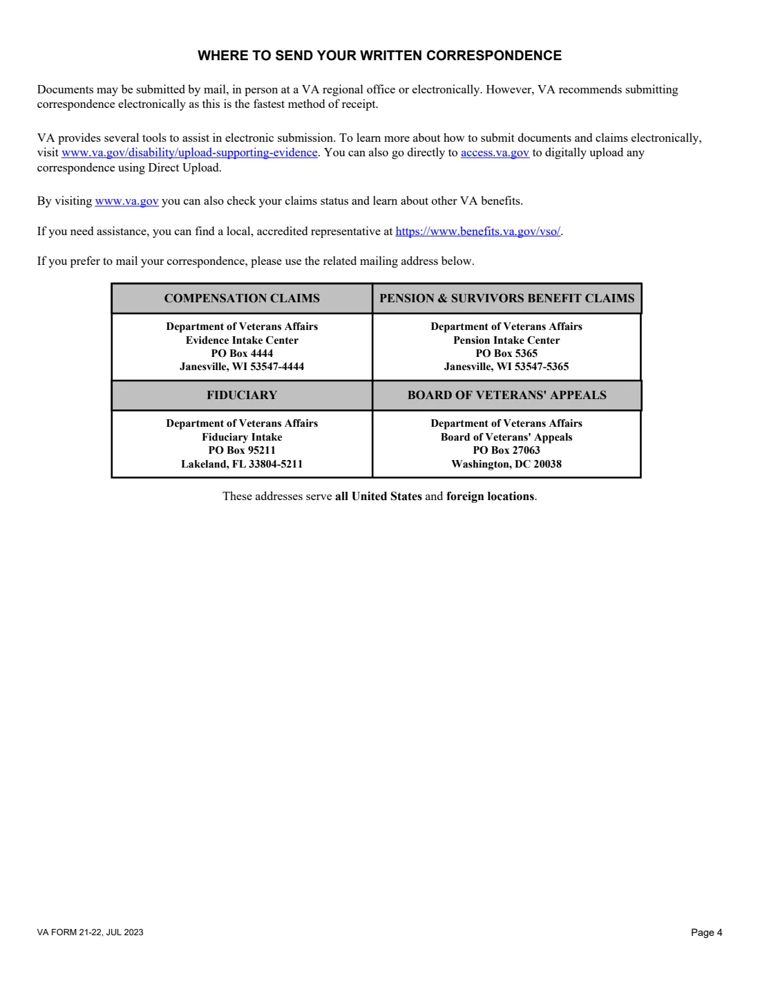 VA Form 21-22 (2023) Appointment of Veterans Service Organization as Claimant's Representative — page 4 of 4