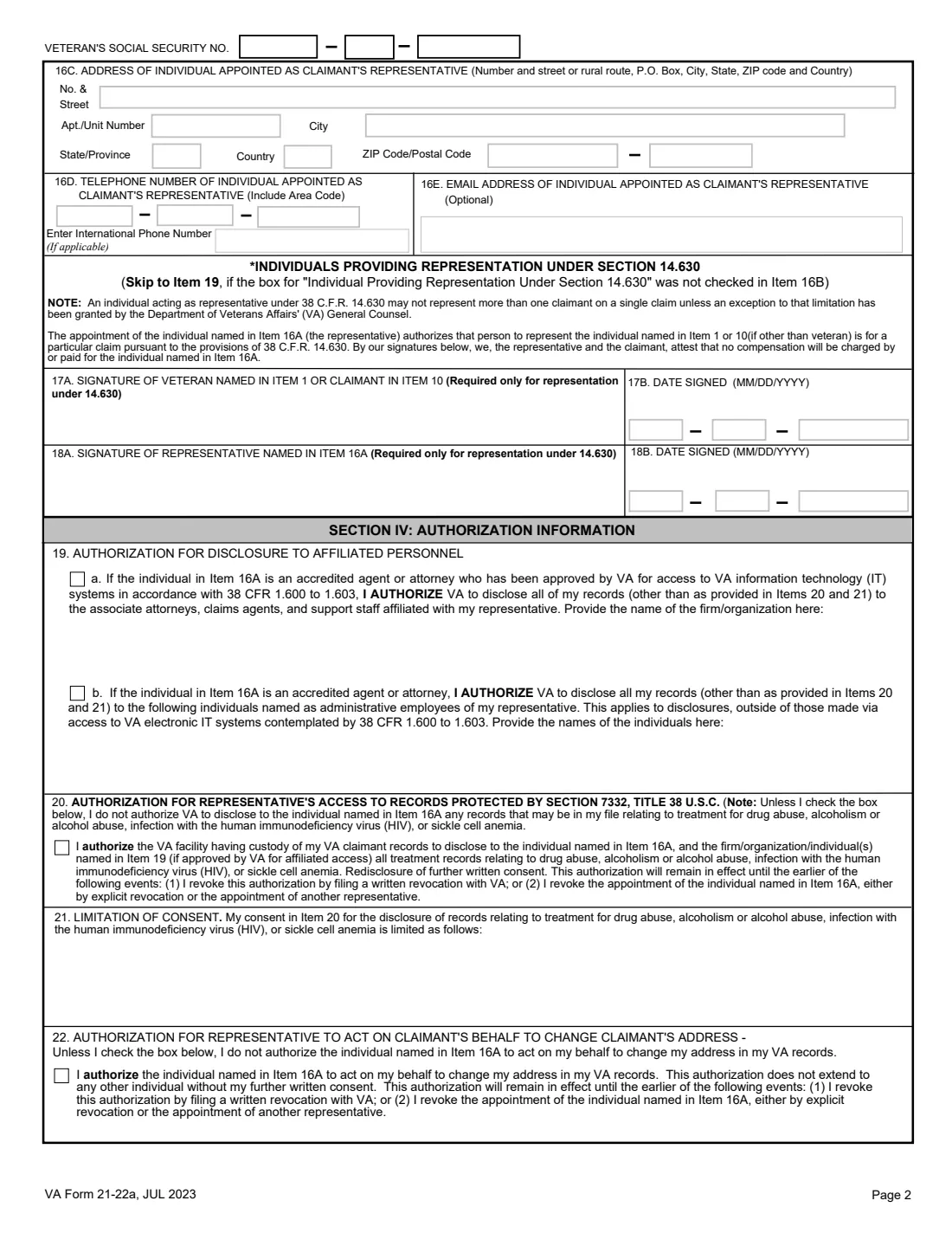 VA Form 21-22a (2023) Appointment of Individual as Claimant's Representative — page 2 of 3