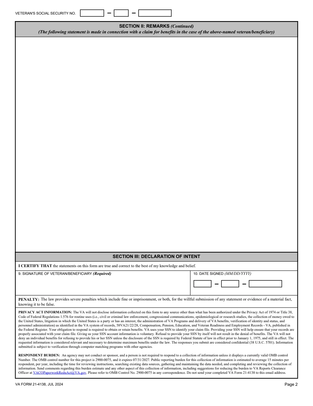 VA Form 21-4138 (2024) Statement in Support of Claim — page 2 of 2