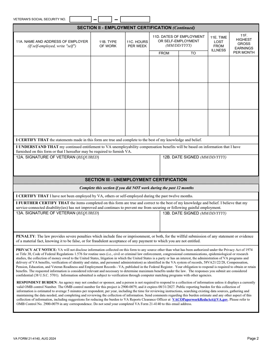 VA Form 21-4140 (2024) Employment Questionnaire — page 2 of 2