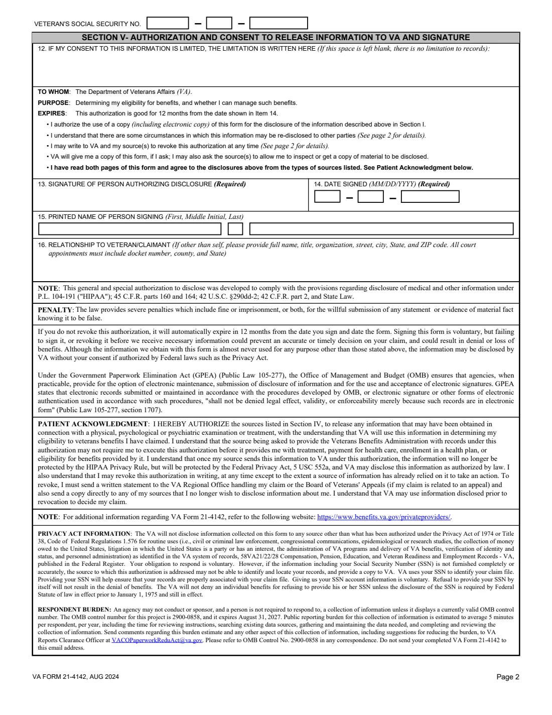 VA Form 21-4142 and 21-4142a (2024) Authorization to Disclose Information to the Department of Veterans Affairs (with 21-4142a) — page 2 of 5