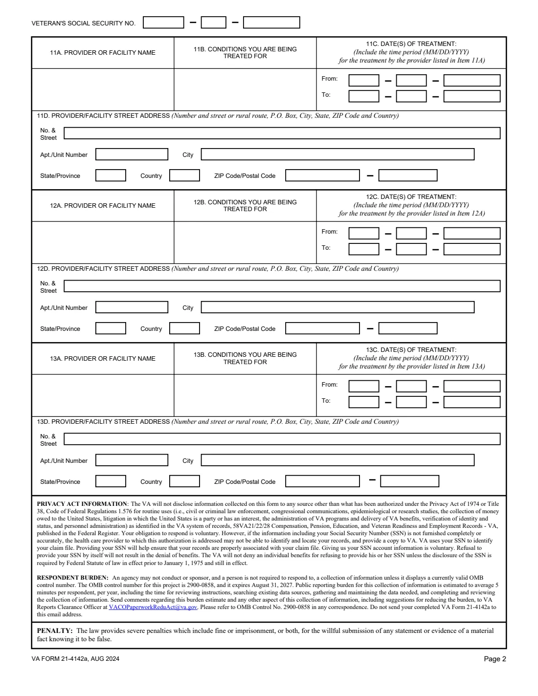 VA Form 21-4142 and 21-4142a (2024) Authorization to Disclose Information to the Department of Veterans Affairs (with 21-4142a) — page 5 of 5