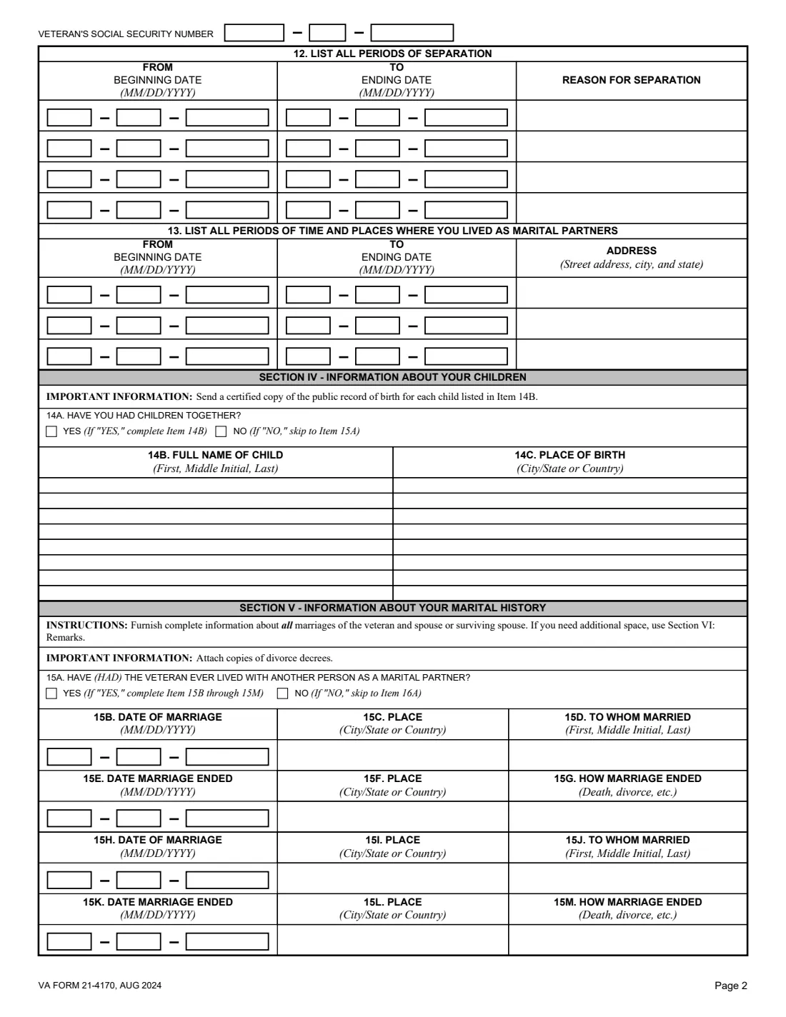 VA Form 21-4170 (2024) Statement of Marital Relationship — page 2 of 5