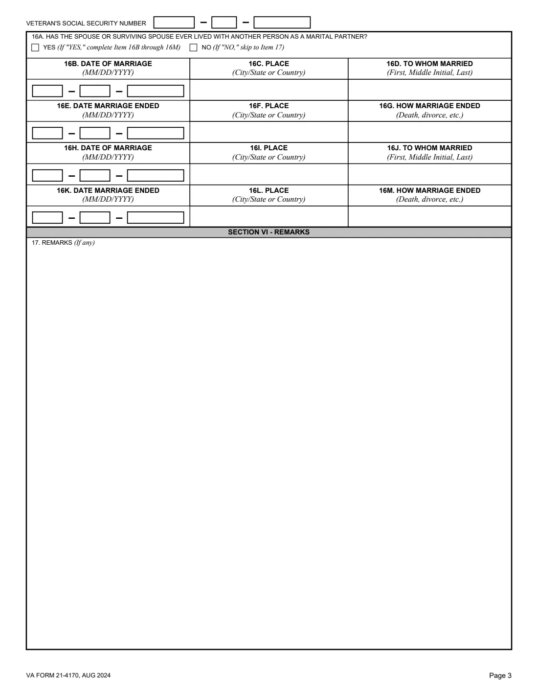 VA Form 21-4170 (2024) Statement of Marital Relationship — page 3 of 5