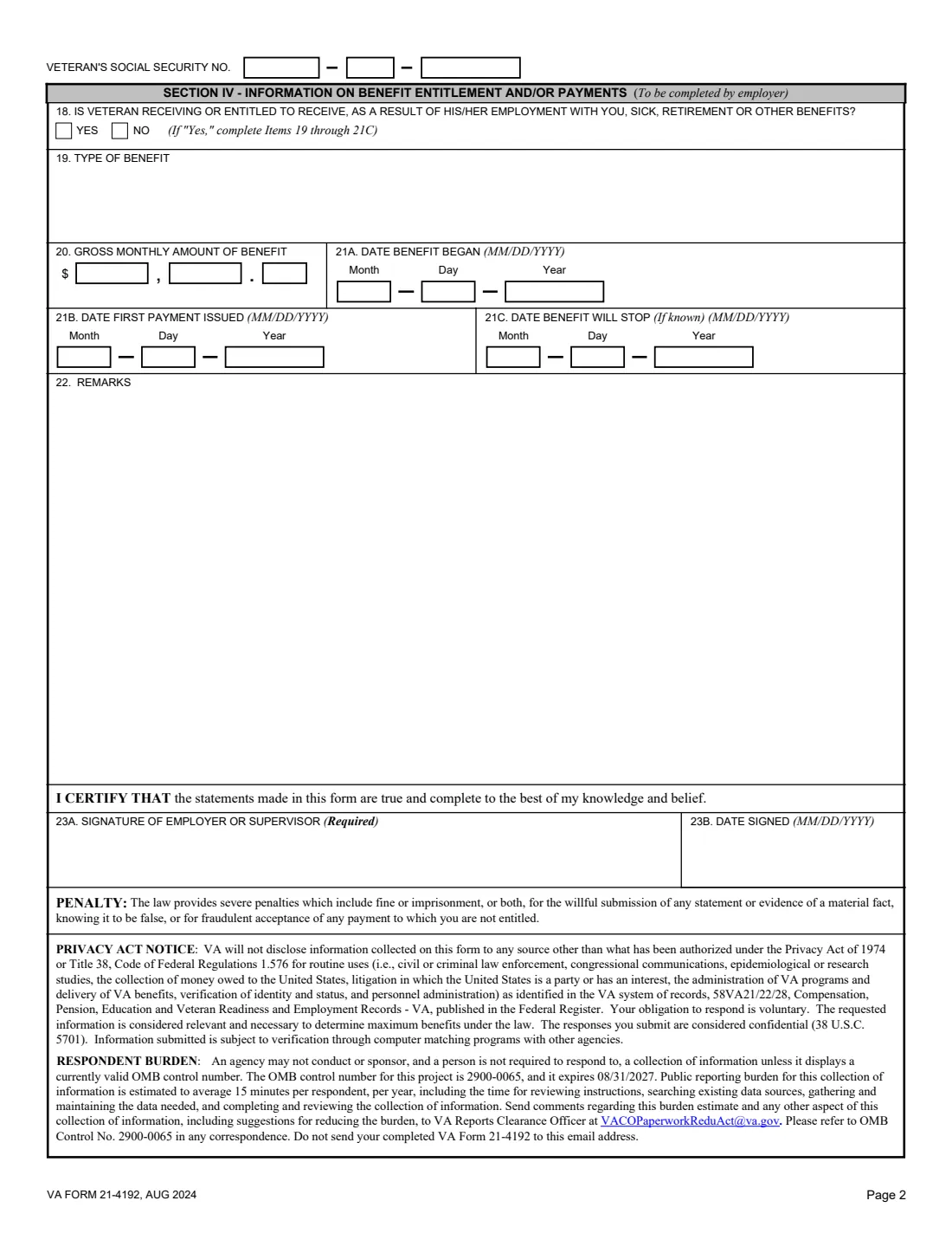VA Form 21-4192 (2024) Request for Employment Information in Connection with Claim for Disability Benefits — page 2 of 2