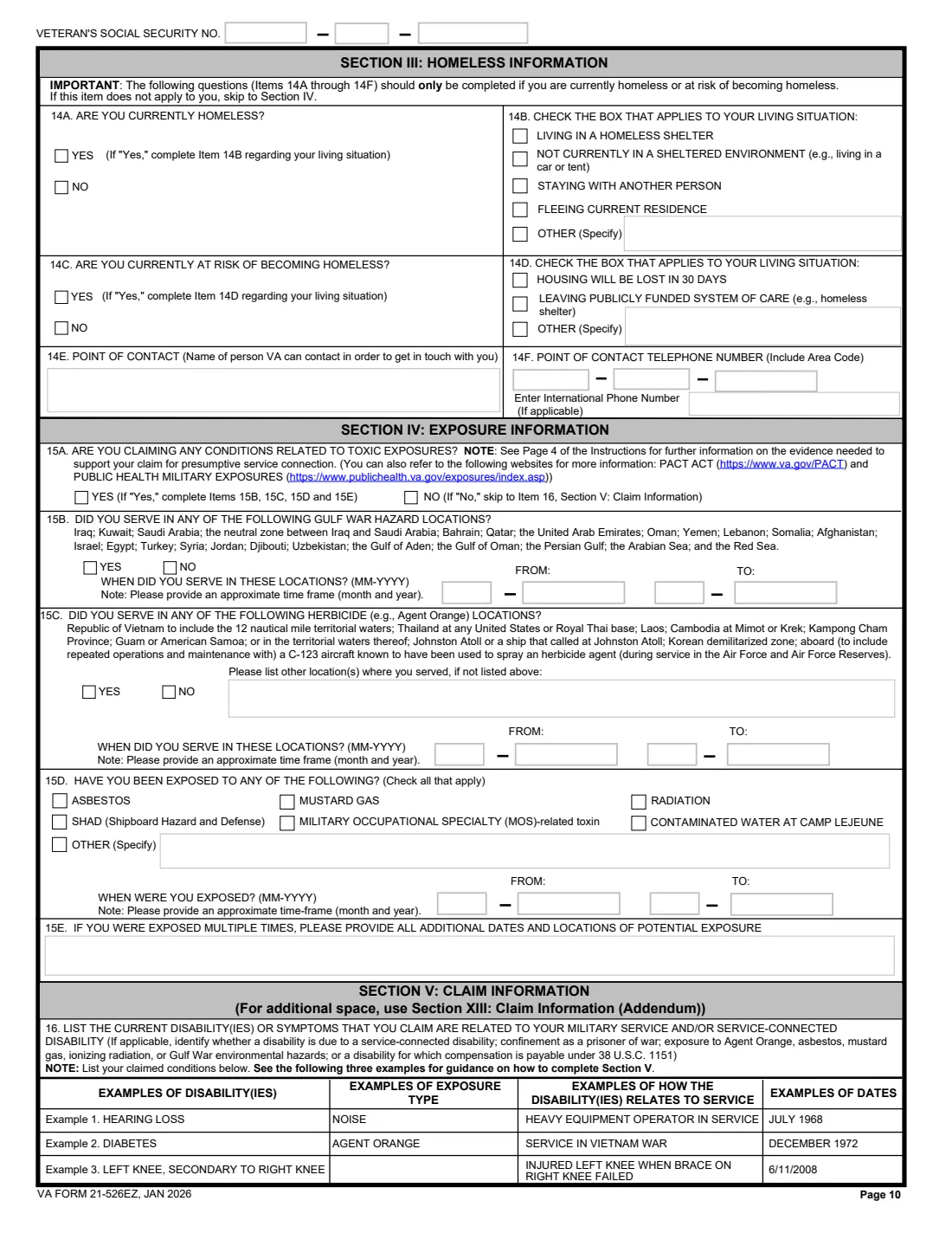 VA Form 21-526EZ (2026) Application for Disability Compensation and Related Compensation Benefits — page 10 of 15