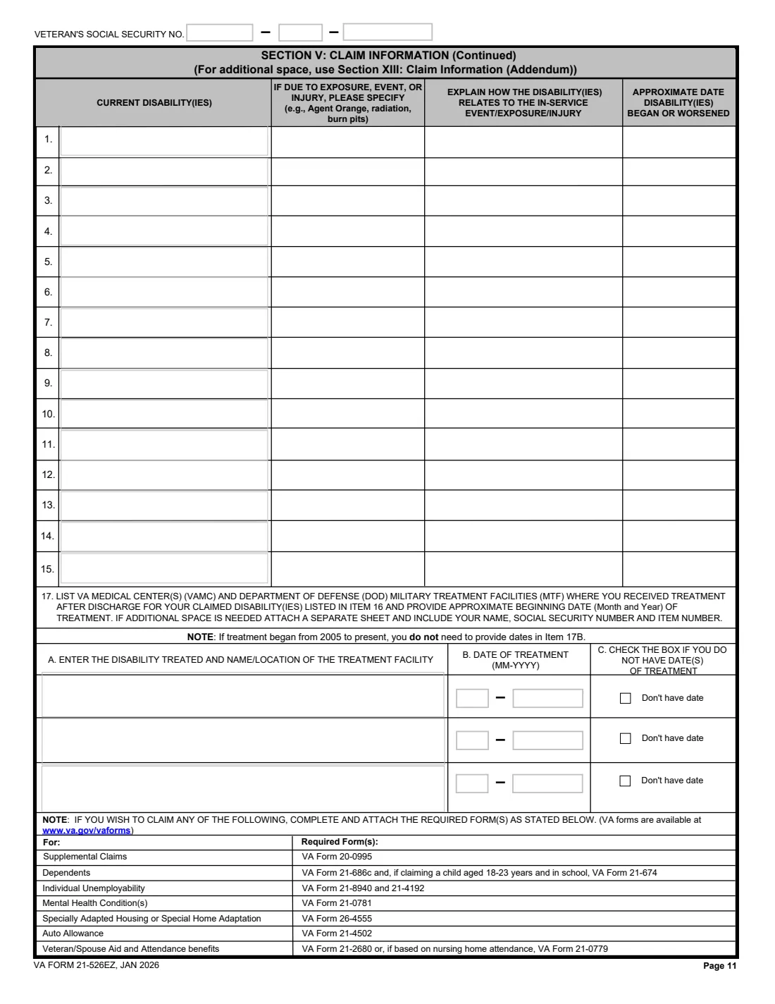 VA Form 21-526EZ (2026) Application for Disability Compensation and Related Compensation Benefits — page 11 of 15