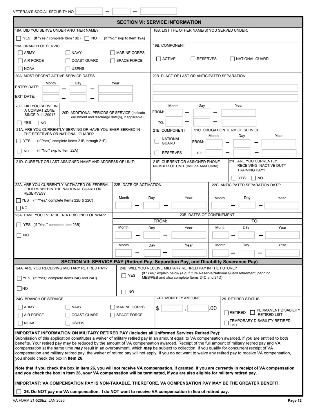 VA Form 21-526EZ (2026) Application for Disability Compensation and Related Compensation Benefits — page 12 of 15