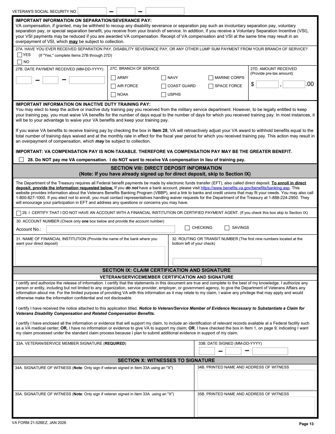 VA Form 21-526EZ (2026) Application for Disability Compensation and Related Compensation Benefits — page 13 of 15