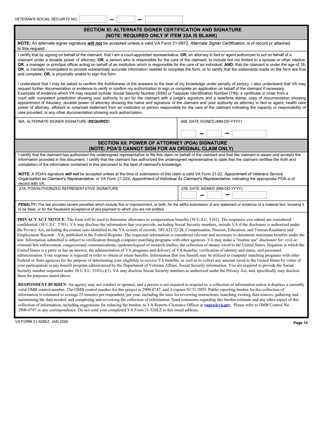 VA Form 21-526EZ (2026) Application for Disability Compensation and Related Compensation Benefits — page 14 of 15