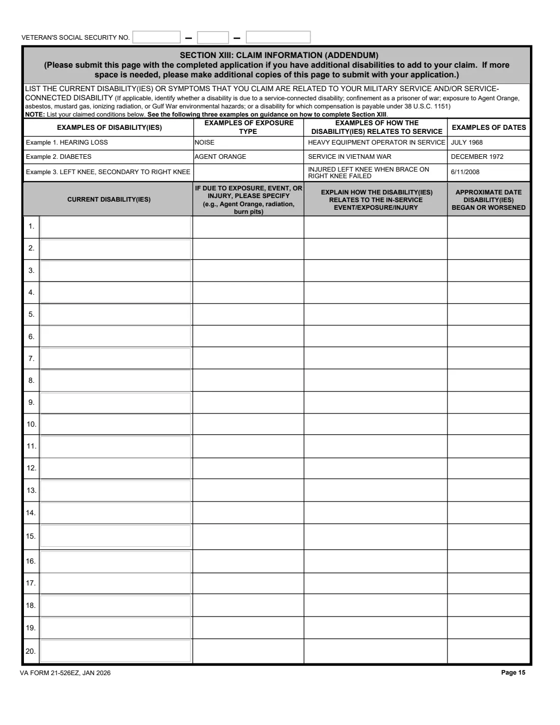 VA Form 21-526EZ (2026) Application for Disability Compensation and Related Compensation Benefits — page 15 of 15