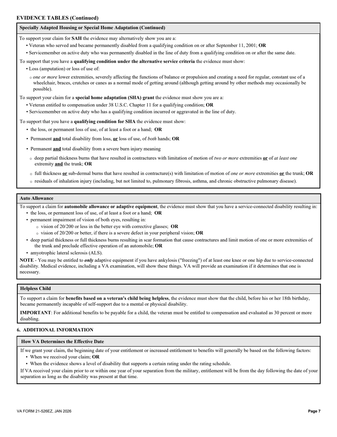 VA Form 21-526EZ (2026) Application for Disability Compensation and Related Compensation Benefits — page 7 of 15