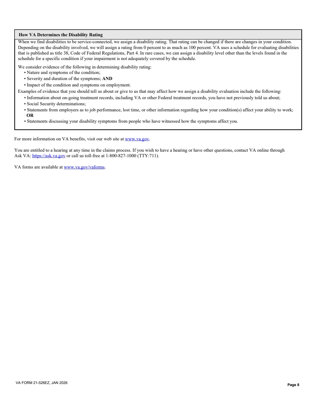 VA Form 21-526EZ (2026) Application for Disability Compensation and Related Compensation Benefits — page 8 of 15