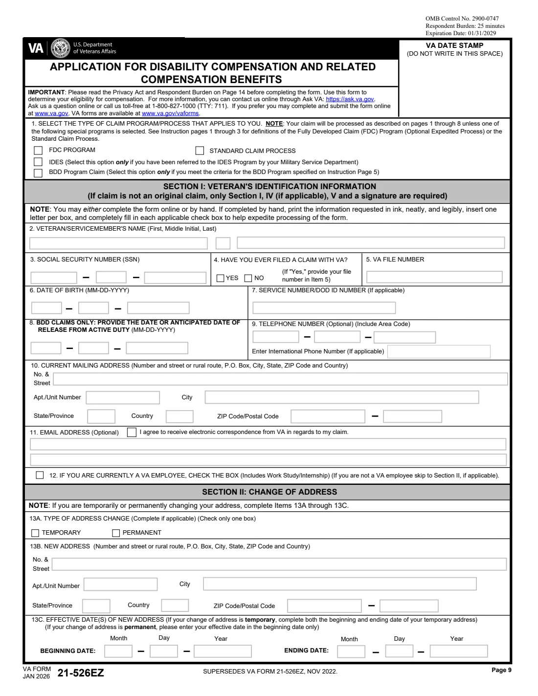 VA Form 21-526EZ (2026) Application for Disability Compensation and Related Compensation Benefits — page 9 of 15