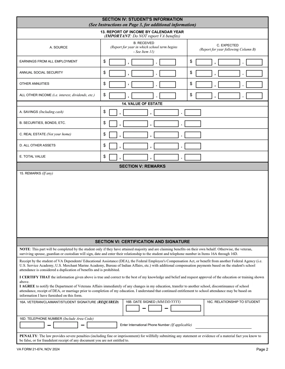 VA Form 21-674 (2024) Request for Approval of School Attendance — page 2 of 3